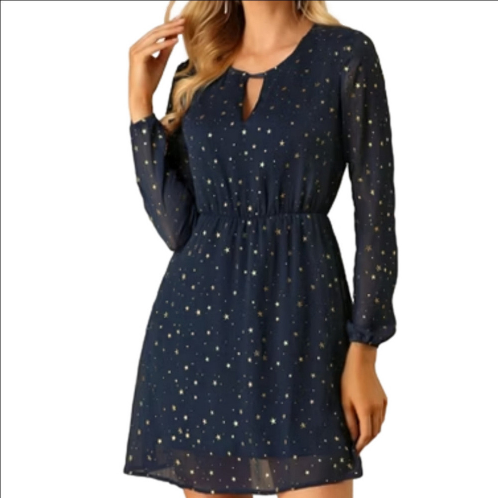 Allegra K Long Sleeve Midnight Blue GoldStar Embellished Mini Dress Size L